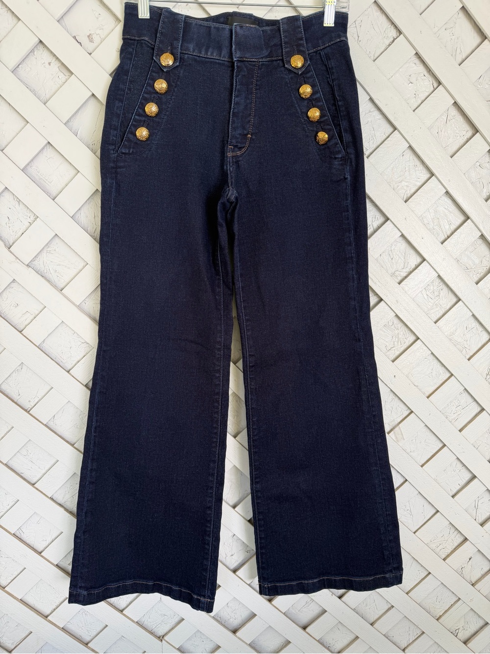 White House Black Market High-Waist Wide-Leg Dark Jeans with Gold Button Detail